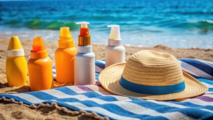 Photo of various sunscreen bottles and hats on a beach towel