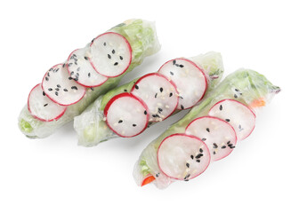 Delicious spring rolls wrapped in rice paper isolated on white, top view