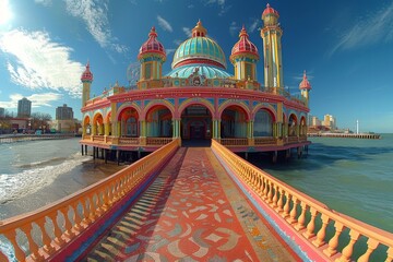 Obraz premium Vibrant pavilion on a pier over the ocean with a detailed and brightly colored walkway