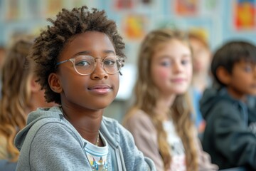 Fototapeta premium A young student wearing glasses is attentively looking ahead with classmates blurred in the background