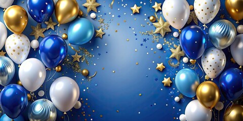 Christmas celebration background with blue, golden, and white balloons, confetti, and copy space