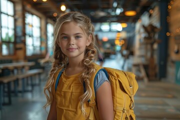 Fototapeta premium Confident young girl with braided hair and a yellow backpack standing in a modern cafe
