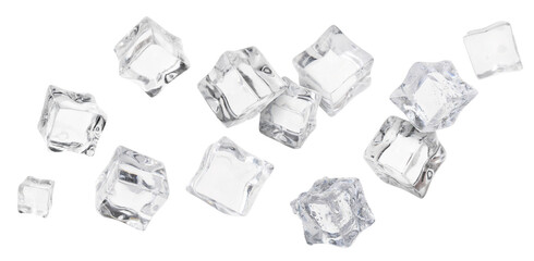 Many ice cubes in air on white background