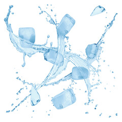 Ice cubes and splashing water in air on white background