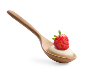 Spoon with delicious yogurt and strawberry isolated on white