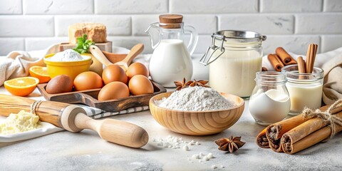 Baking background with cooking ingredients on white kitchen counter