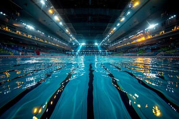 A mesmerizing view of a lit indoor swimming pool during the nighttime