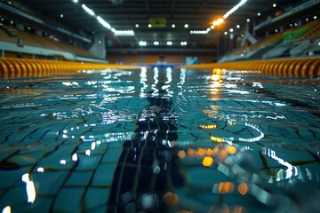 An indoor swimming pool shot at water level, showing the lanes, ropes, and seating