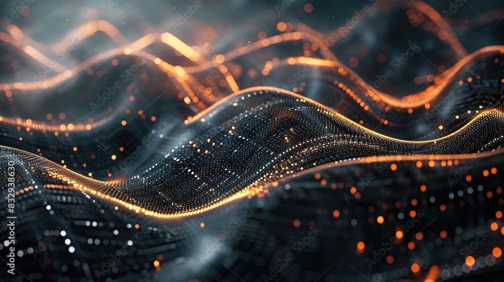 Poster dynamic wave of particles in abstract gradient hologram background of digital technology