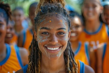 Obraz premium Vibrant portrait of a female athlete with face paint and a joyful expression among teammates