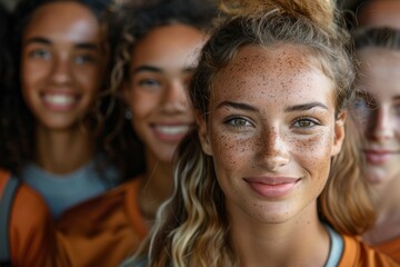 Fototapeta premium Close-up portrait of a teenage girl in sportswear with teammates smiling in the background