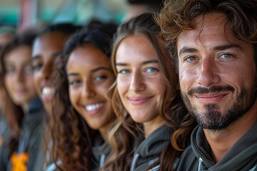 Obraz premium A smiling diverse group of friends pose together, with a young woman in the foreground