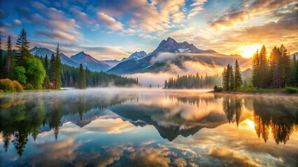 Mist enveloping a picturesque mountain lake at sunrise
