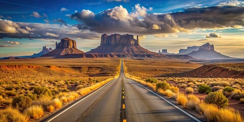Desolate sand desert road in Arizona with a vintage western atmosphere