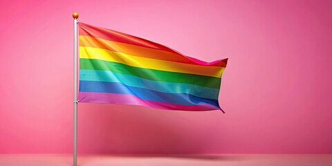 Colorful LGTBIQ rainbow flag waving on pink background with empty space for text