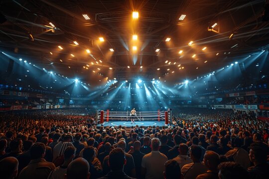 A large crowd watches a boxing match in an illuminated arena with a ring at the center