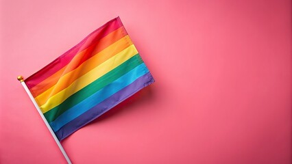 Vibrant LGTBIQ rainbow flag with copy space on pink background