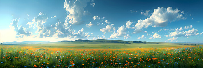 A panoramic view of a nature steppe, the vast expanse of grasses and rolling hills creating a serene atmosphere