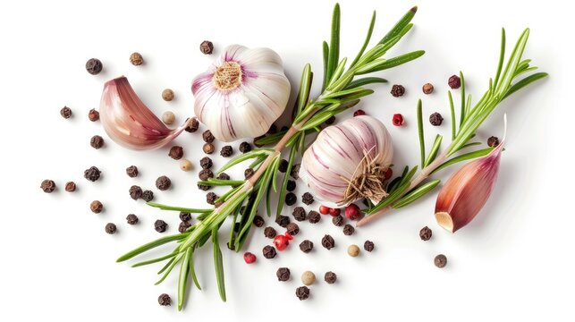 Garlic peppercorns and rosemary isolated on a white background