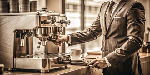 Monochrome sepia stock photo of a coffee machine preparing coffee, with a businessman in a suit
