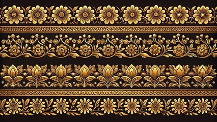 Collection of vintage golden flower borders with decorative lines for design projects