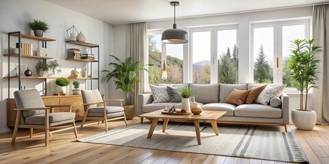 Cozy Nordic style modern living room with minimalist furniture and calming neutral tones