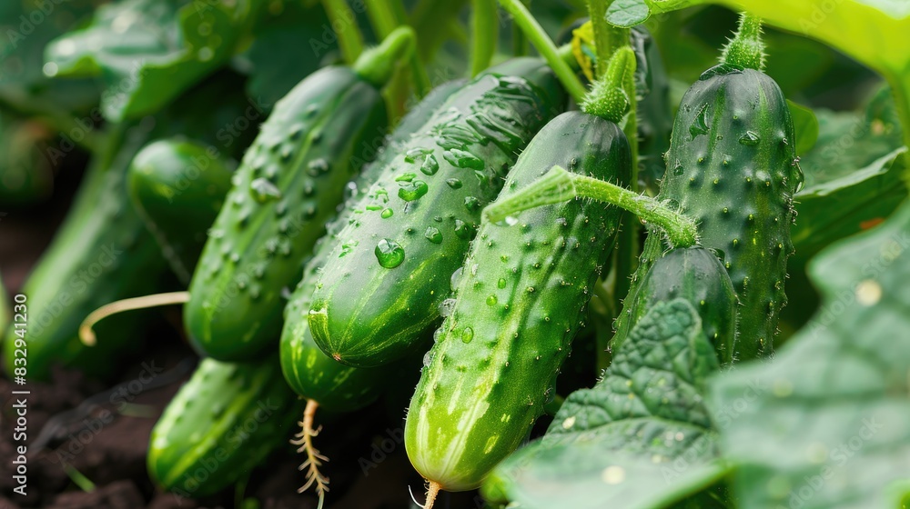 Poster close up view of cucumbers grown in a garden as an environmentally friendly product