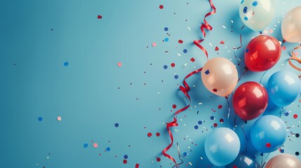 Photo of a blue background with balloons and streamers for a USA patriotic celebration