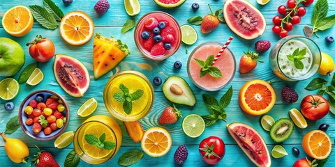 Colorful summer flat lay with various fruits and drinks