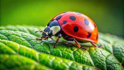 Macro ladybug perched on a green leaf in nature setting