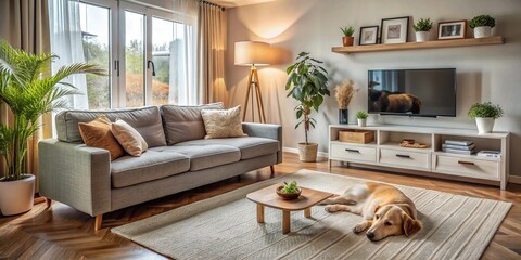 Interior of a cozy living room with a sofa, a dog lying on it and a TV on the wall, perfect for relaxation and entertainment at home