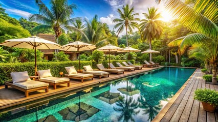 Stylish tropical spa hotel swimming pool with sun loungers, ideal for summer travel promotions and vacation getaways