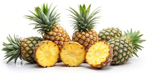 Multiple pineapples, some cut in half, on a white background
