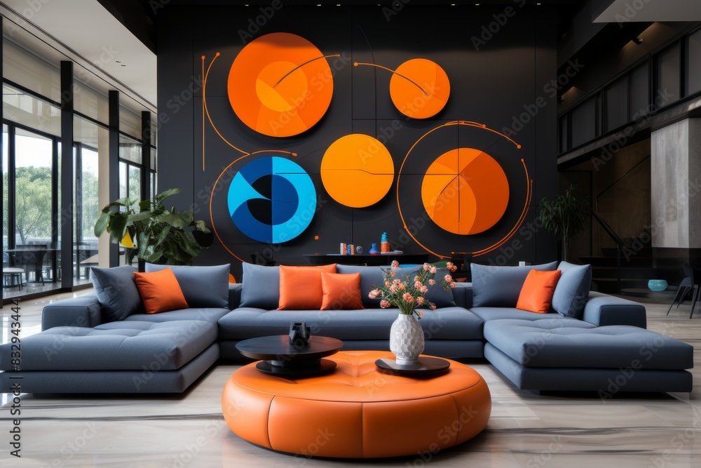 Poster A modern sectional sofa with a sleek design is placed in a room with vibrant geometric shapes. The space is bright and inviting, creating a perfect setting for relaxation