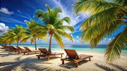 A tropical beach with empty lounge chairs and palm trees