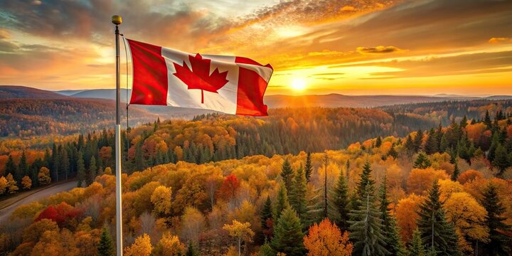 Canadian flag waving above autumn forest at sunset