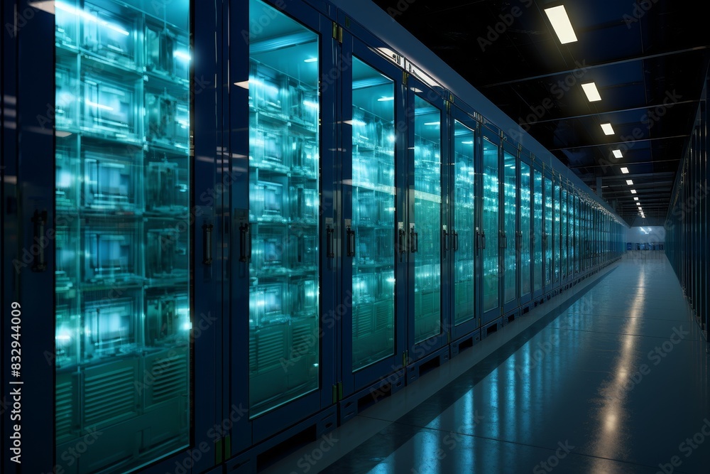 Poster long corridor with rows of server racks in a modern data center, softly illuminated by cool blue lig