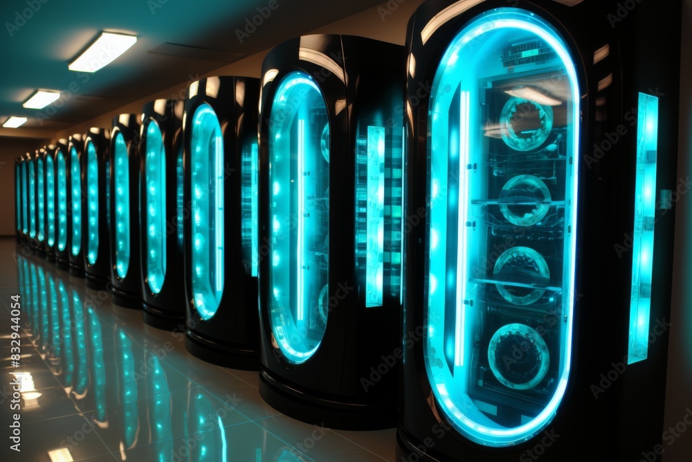 Aufkleber futuristic server racks with blue lights in a dark room. modern design and vibrant colors convey tec