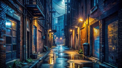 Dark and eerie urban back alley at night with atmospheric lighting and wet streets