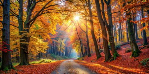 A cozy autumn forest with a winding path covered in fallen leaves and sunlight streaming through the colorful canopy - Powered by Adobe