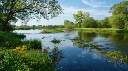Fototapeta premium A tranquil plain river flooded during the spring season