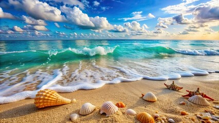 Fototapeta na wymiar Serene beach scene with turquoise waves and scattered seashells on sand