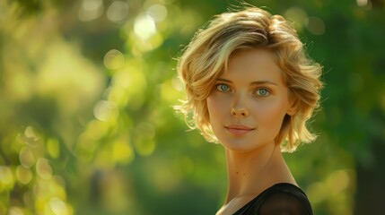 Naklejka premium Potrait of Blonde Woman with Blur Nature Background