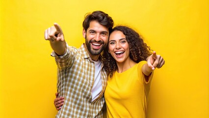Cheerful hispanic partners pointing together against a yellow backdrop