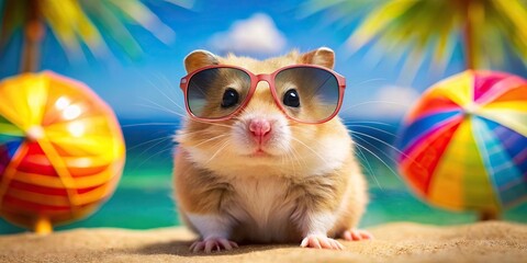 Funny and colorful hamster wearing sunglasses in front of a bright and colorful summer vacation background