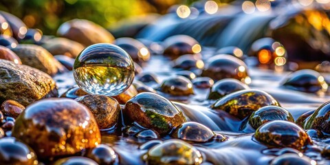 Close-up of water drops glistening on rocks by a stream