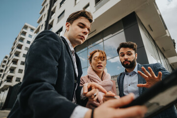 A dynamic team of young entrepreneurs engaged in a strategy discussion for business growth outside their urban office.