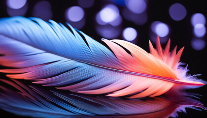 Obraz premium bird feather, colorful, illustration, art, design, beautiful, one of a kind, mysterious, fantastic, black background, close-up