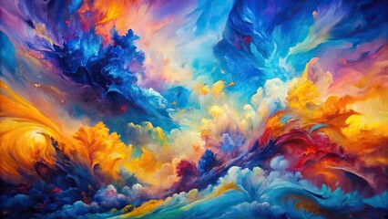 Vibrant abstract painting with blue, orange, purple, and yellow tones