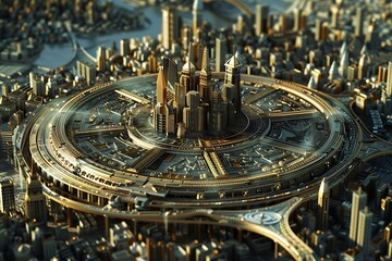 A city built on a giant coin, with infrastructure based on financial concepts